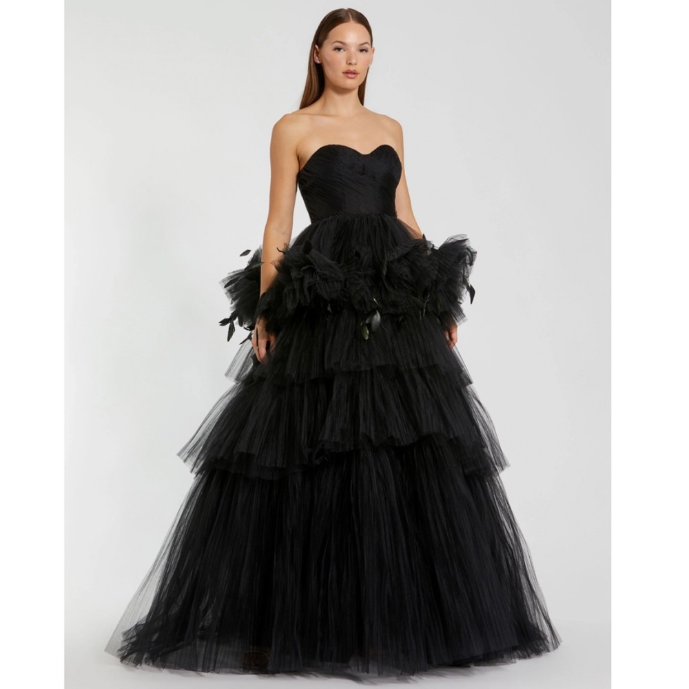 Mac Duggal Black Strapless Tulle Gown with Feather Detail - Picture 13 of 16